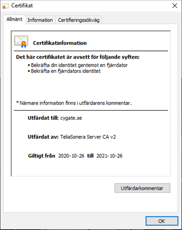 Certifikatinformation Telia Cygate