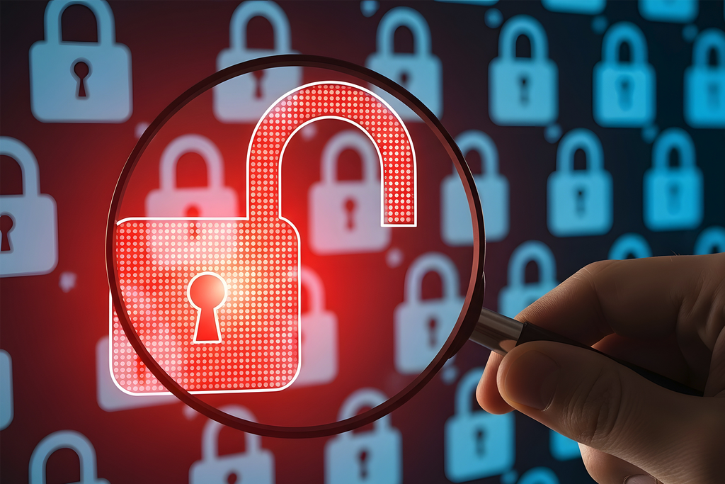 Hand som håller förstoringsglas över ett hänglås